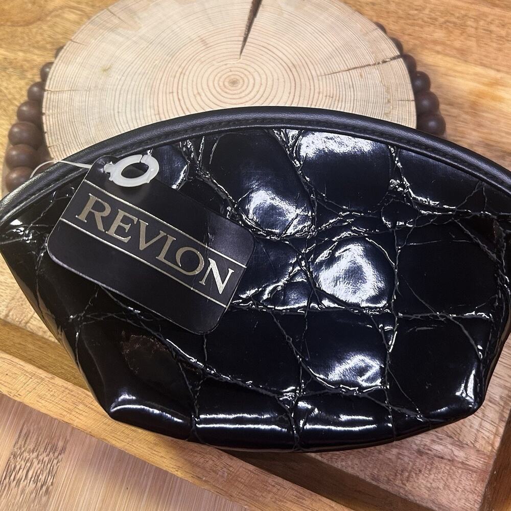 Vintage Revlon Black Faux Alagator Print New With Tags Heart Zipper Pull